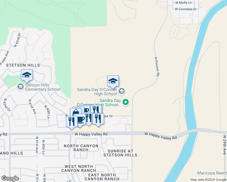 map of restaurants, bars, coffee shops, grocery stores, and more near 25250 North 35th Avenue in Phoenix