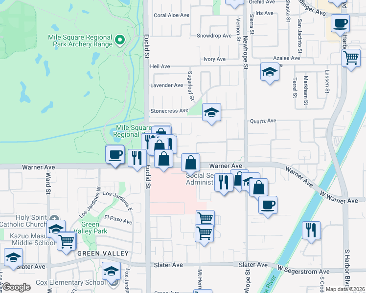 map of restaurants, bars, coffee shops, grocery stores, and more near 11146 McGee River Circle in Fountain Valley