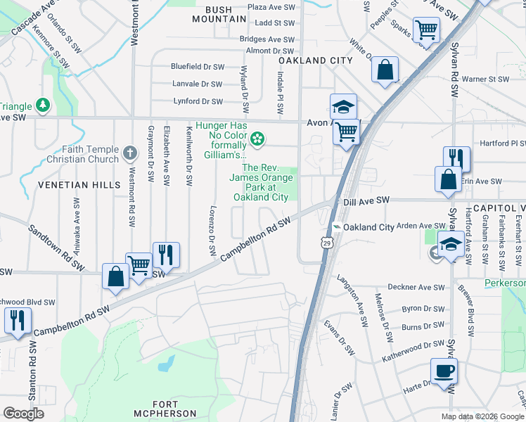 map of restaurants, bars, coffee shops, grocery stores, and more near 1305 Oakland Lane Southwest in Atlanta