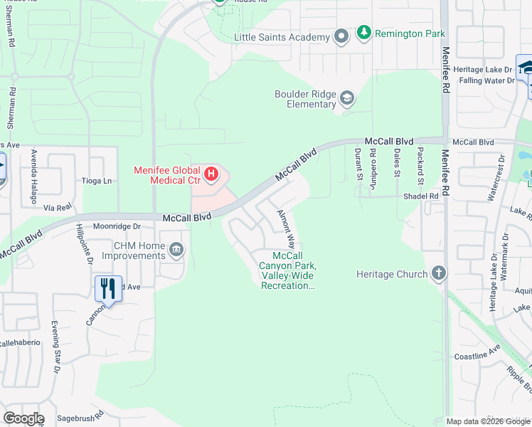 map of restaurants, bars, coffee shops, grocery stores, and more near 27694 Hollyoak Way in Menifee