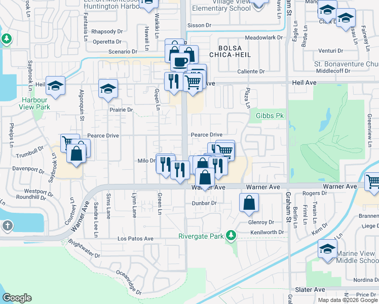 map of restaurants, bars, coffee shops, grocery stores, and more near 5021 Waverider Circle in Huntington Beach