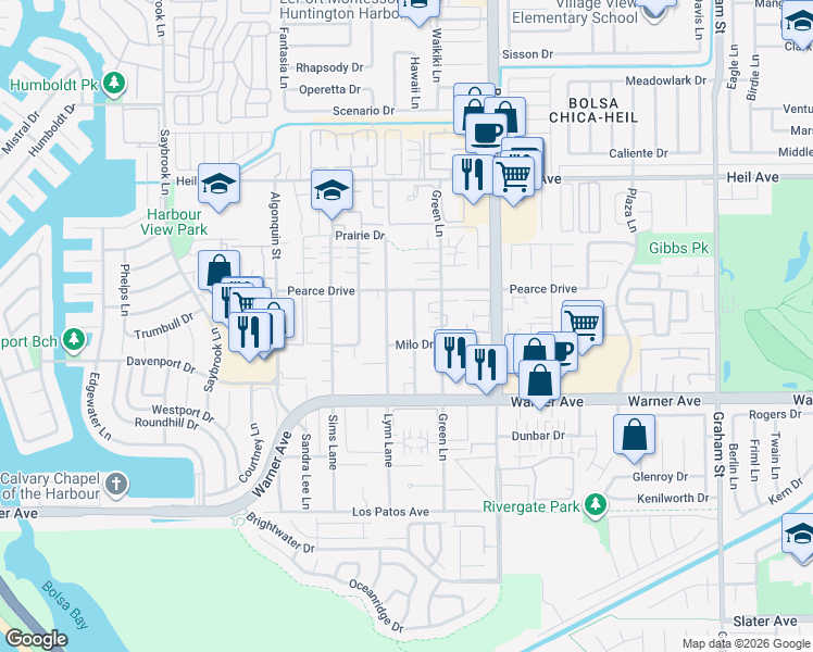 map of restaurants, bars, coffee shops, grocery stores, and more near 16762 Lynn Lane in Huntington Beach
