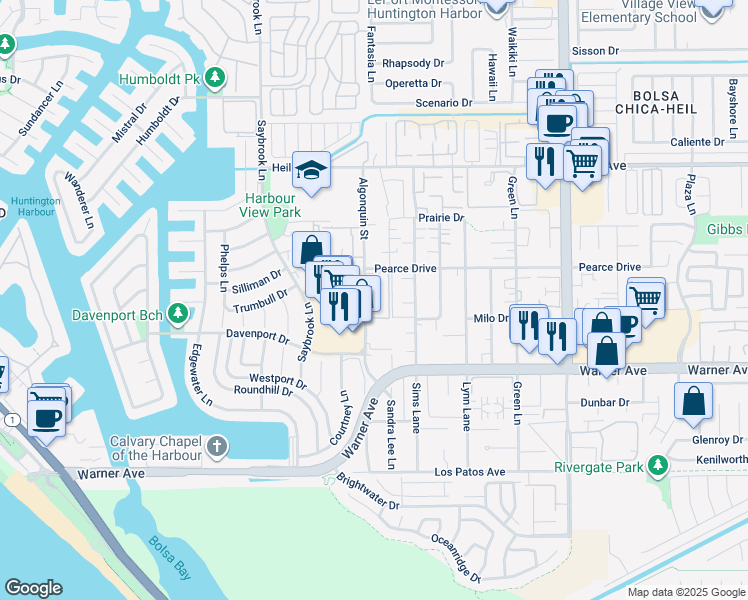 map of restaurants, bars, coffee shops, grocery stores, and more near 16818 Algonquin Street in Huntington Beach