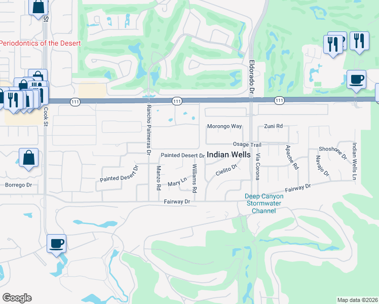 map of restaurants, bars, coffee shops, grocery stores, and more near 75650 Calle Del Sur in Indian Wells