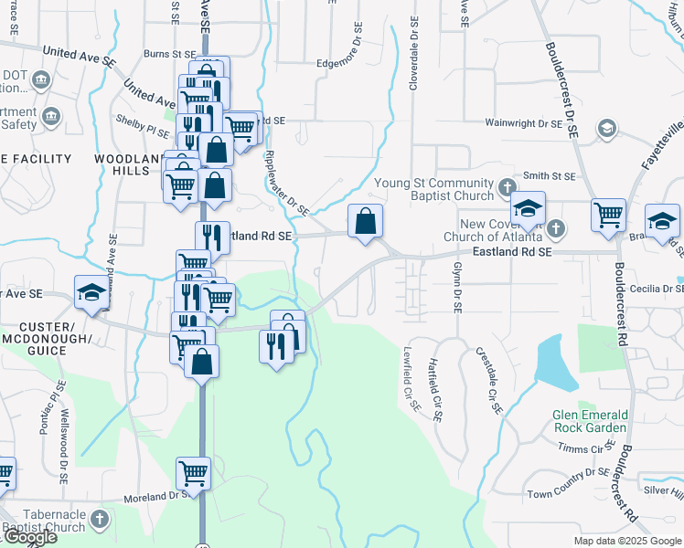 map of restaurants, bars, coffee shops, grocery stores, and more near 1378 Custer Avenue Southeast in Atlanta