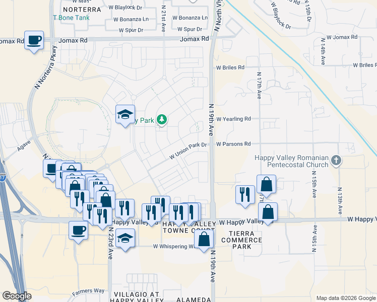 map of restaurants, bars, coffee shops, grocery stores, and more near 1935 West El Cortez Trail in Phoenix
