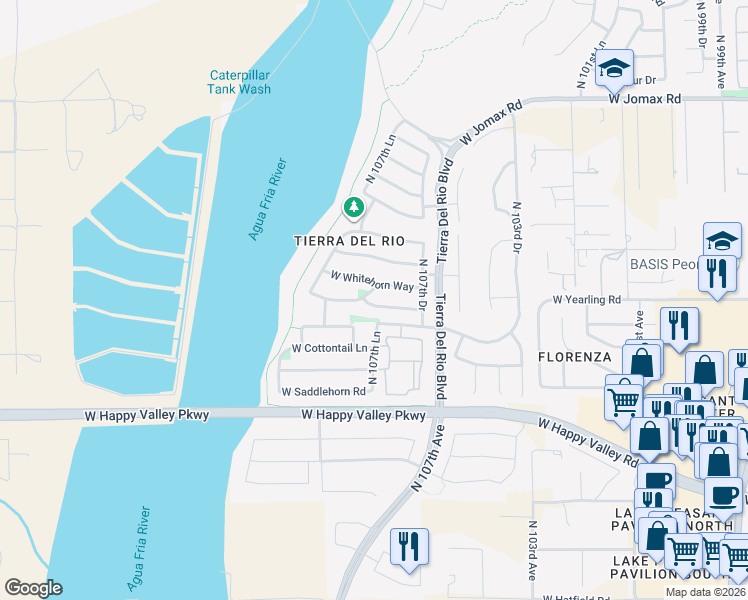 map of restaurants, bars, coffee shops, grocery stores, and more near 10773 West Whitehorn Way in Peoria