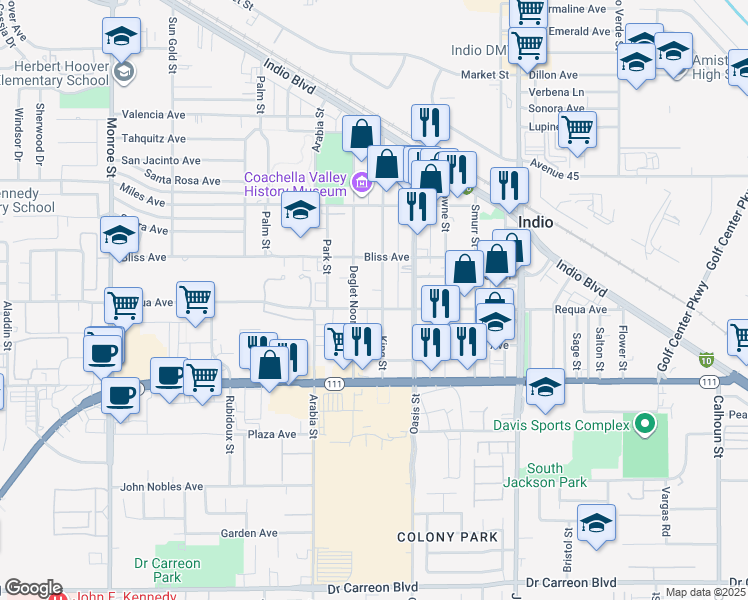 map of restaurants, bars, coffee shops, grocery stores, and more near 45472 Deglet Noor Street in Indio