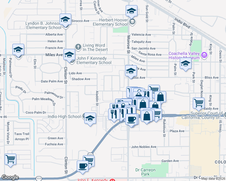 map of restaurants, bars, coffee shops, grocery stores, and more near 81819 Shadow Palm Avenue in Indio