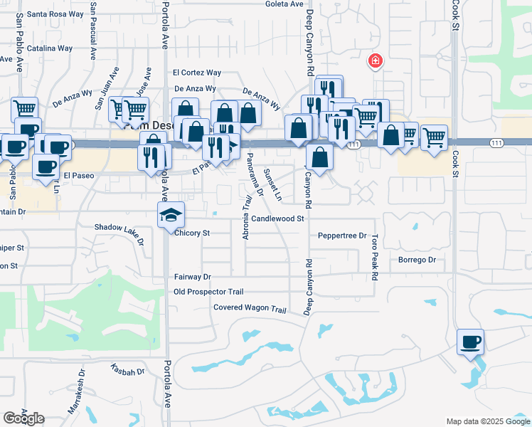 map of restaurants, bars, coffee shops, grocery stores, and more near 45451 Sunset Lane in Palm Desert