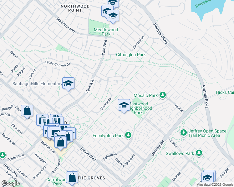 map of restaurants, bars, coffee shops, grocery stores, and more near 16 Alba East in Irvine