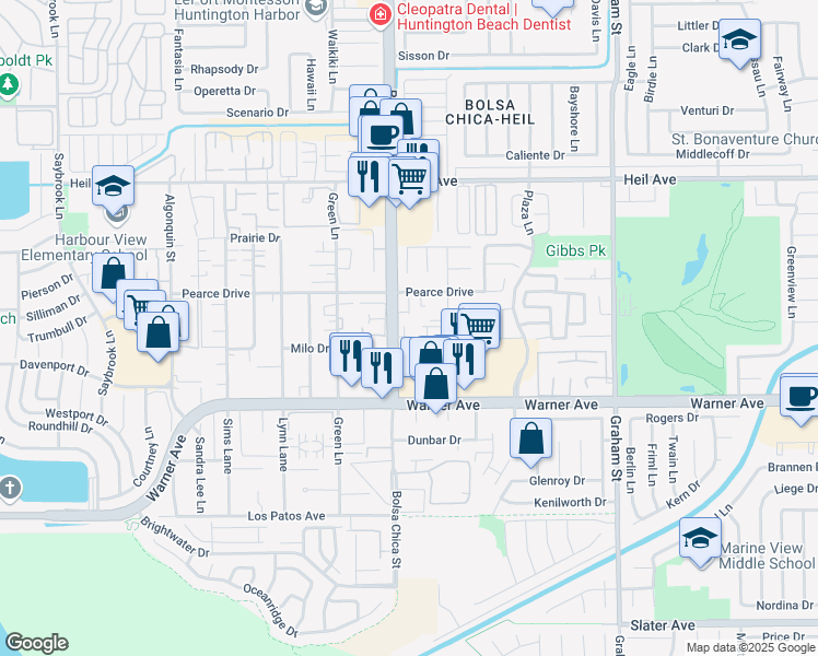 map of restaurants, bars, coffee shops, grocery stores, and more near 16761 Moody Circle in Huntington Beach
