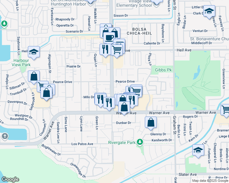 map of restaurants, bars, coffee shops, grocery stores, and more near 16761 Moody Circle in Huntington Beach