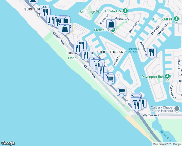 map of restaurants, bars, coffee shops, grocery stores, and more near in Huntington Beach