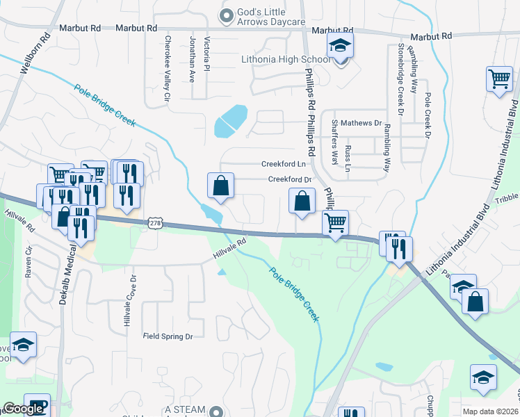 map of restaurants, bars, coffee shops, grocery stores, and more near 2288 Wellington Circle in Lithonia