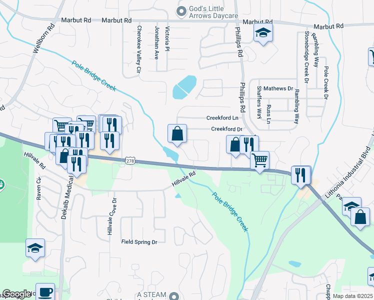 map of restaurants, bars, coffee shops, grocery stores, and more near 2173 Wellington Circle in Lithonia