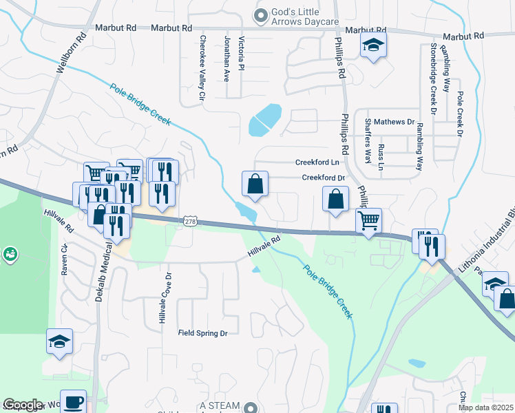 map of restaurants, bars, coffee shops, grocery stores, and more near 2249 Wellington Circle in Lithonia