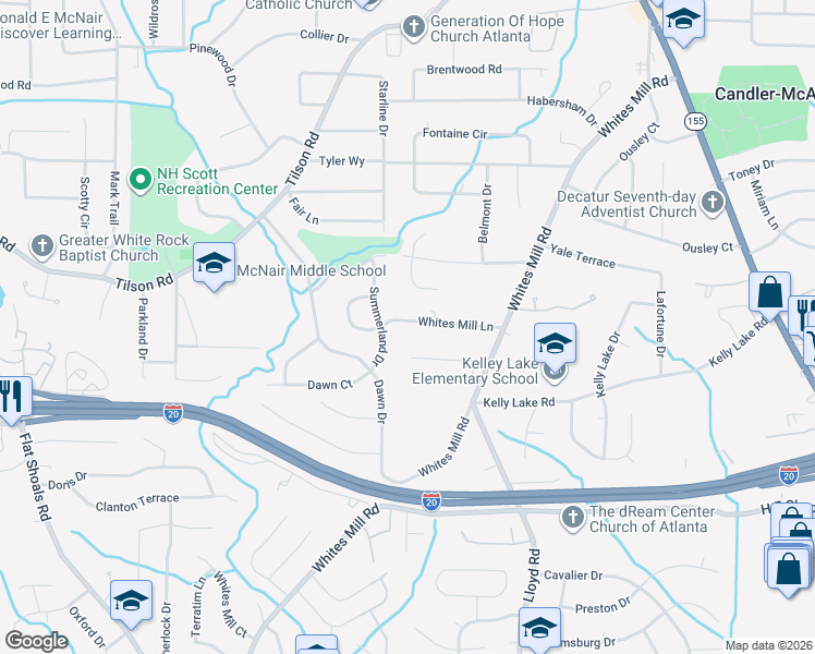 map of restaurants, bars, coffee shops, grocery stores, and more near 2455 Whites Mill Lane in Decatur