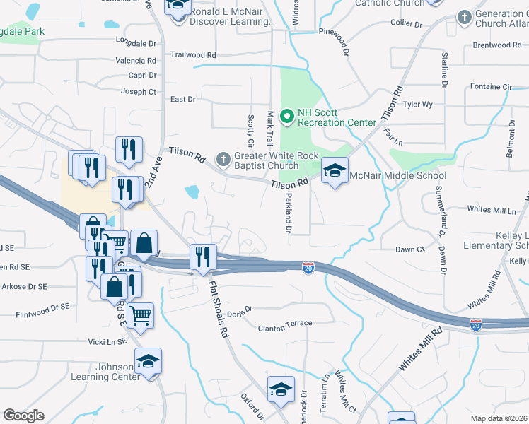 map of restaurants, bars, coffee shops, grocery stores, and more near 2418 Tilson Ridge Lane in Decatur