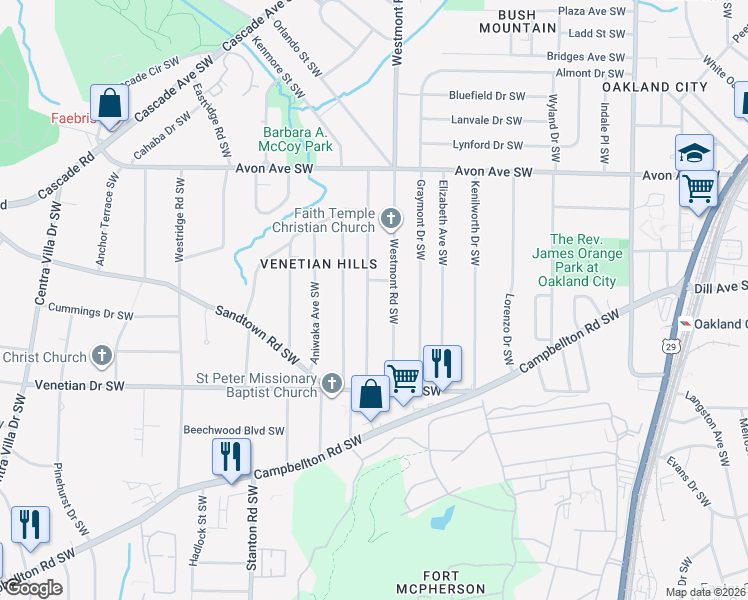 map of restaurants, bars, coffee shops, grocery stores, and more near 1347 Westmont Road Southwest in Atlanta