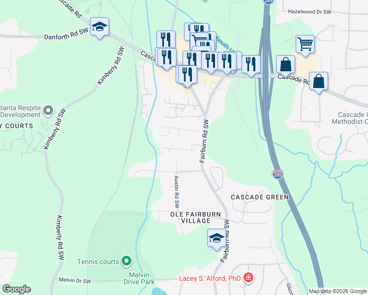 map of restaurants, bars, coffee shops, grocery stores, and more near 160 Klondike Street in Atlanta
