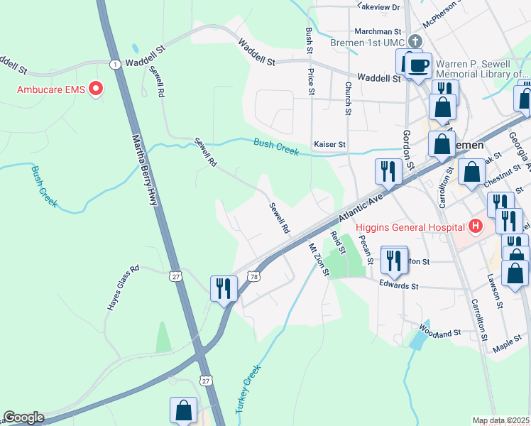 map of restaurants, bars, coffee shops, grocery stores, and more near 78 Sewell Road in Bremen