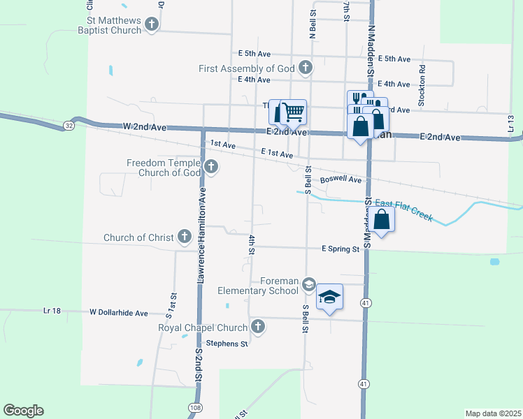map of restaurants, bars, coffee shops, grocery stores, and more near 450 Branch Street in Foreman