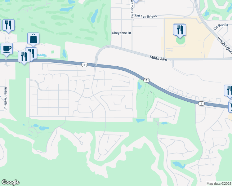 map of restaurants, bars, coffee shops, grocery stores, and more near 77339 Mallorca Lane in Indian Wells