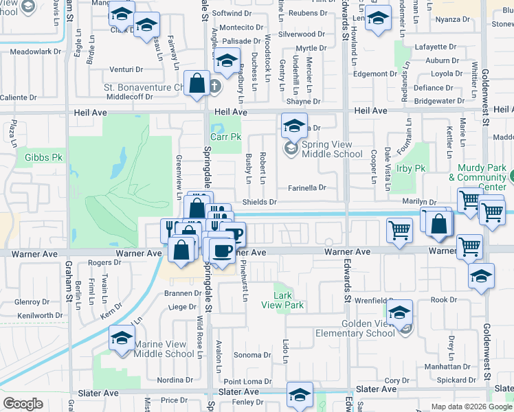 map of restaurants, bars, coffee shops, grocery stores, and more near 6172 Shields Drive in Huntington Beach