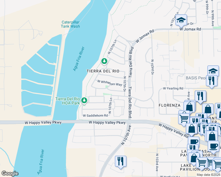 map of restaurants, bars, coffee shops, grocery stores, and more near 10773 West Whitehorn Way in Peoria