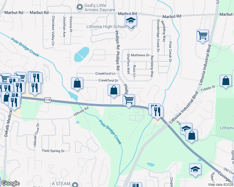map of restaurants, bars, coffee shops, grocery stores, and more near 2588 Wellington Walk Place in Lithonia