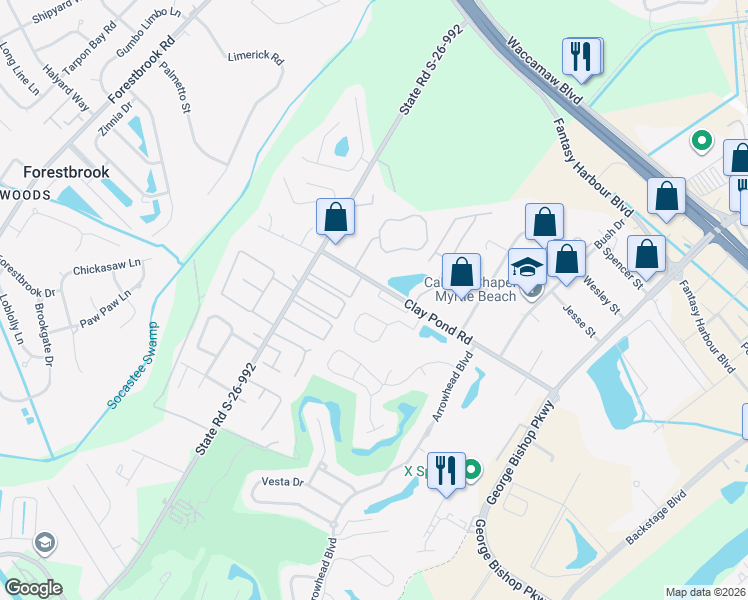 map of restaurants, bars, coffee shops, grocery stores, and more near 3699 Clay Pond Road in Myrtle Beach