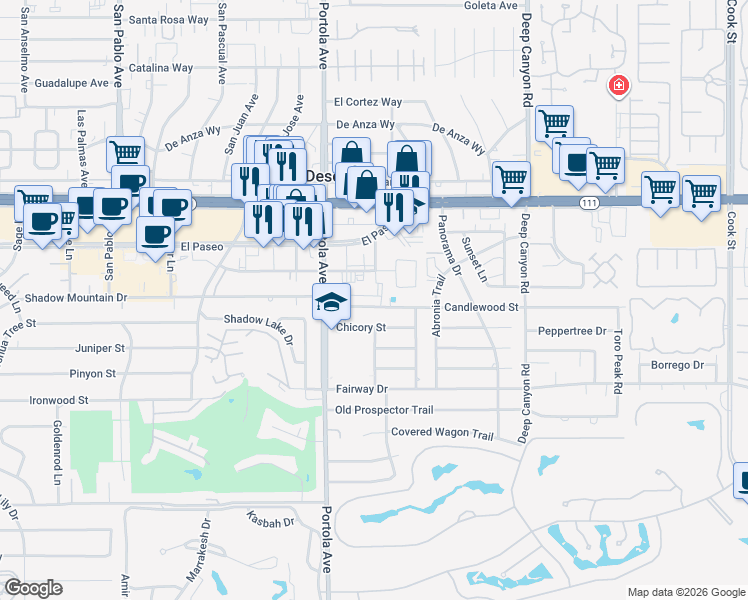 map of restaurants, bars, coffee shops, grocery stores, and more near 74135 Larrea Street in Palm Desert