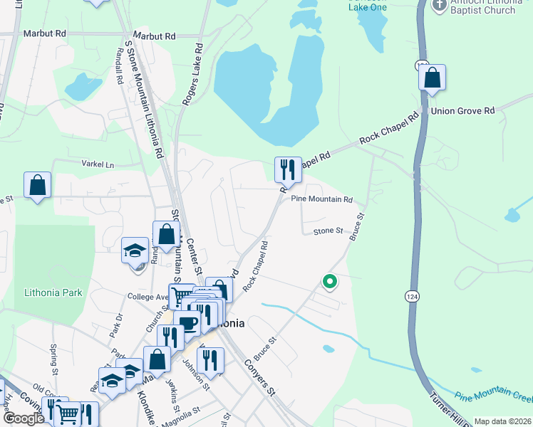 map of restaurants, bars, coffee shops, grocery stores, and more near 2583 Rock Chapel Road in Lithonia