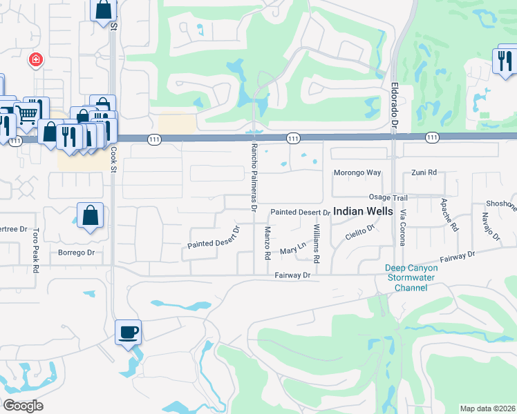 map of restaurants, bars, coffee shops, grocery stores, and more near 75496 Palm Shadow Drive in Indian Wells