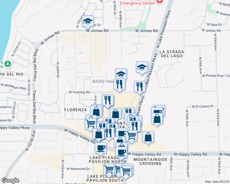 map of restaurants, bars, coffee shops, grocery stores, and more near 0 West Yearling Road in Peoria