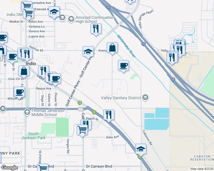 map of restaurants, bars, coffee shops, grocery stores, and more near 45585 Commerce Street in Indio