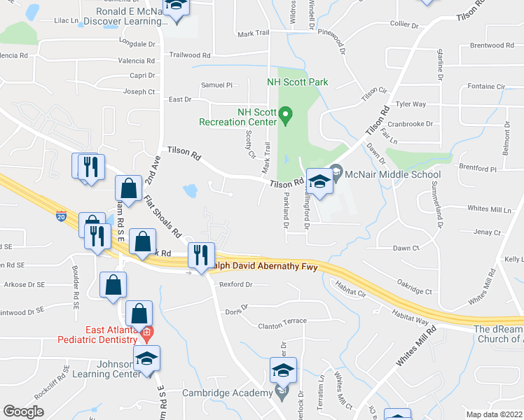 map of restaurants, bars, coffee shops, grocery stores, and more near 2418 Tilson Ridge Lane in Decatur