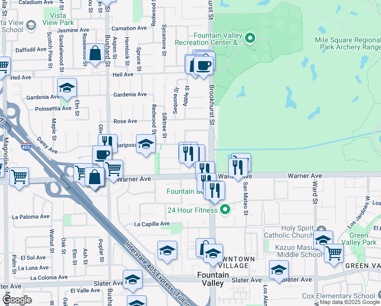 map of restaurants, bars, coffee shops, grocery stores, and more near 9909 Merced River Avenue in Fountain Valley
