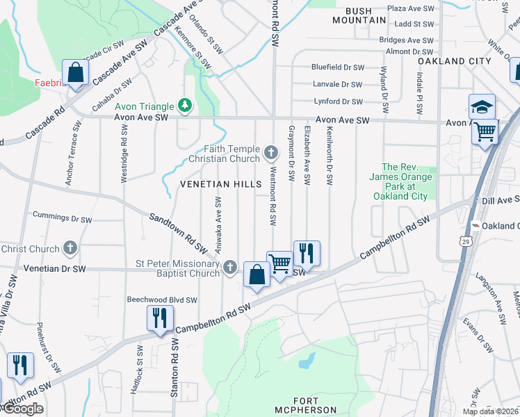 map of restaurants, bars, coffee shops, grocery stores, and more near 1347 Westmont Road Southwest in Atlanta