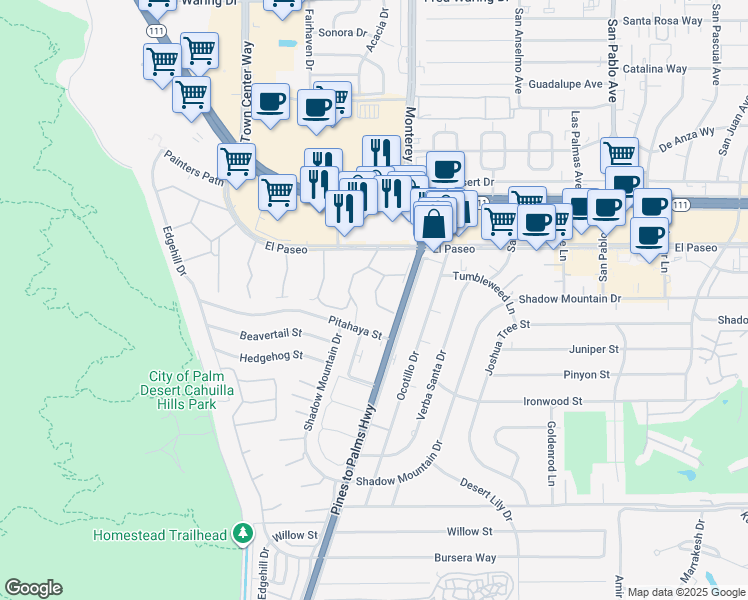 map of restaurants, bars, coffee shops, grocery stores, and more near 463 Sandpiper Street in Palm Desert