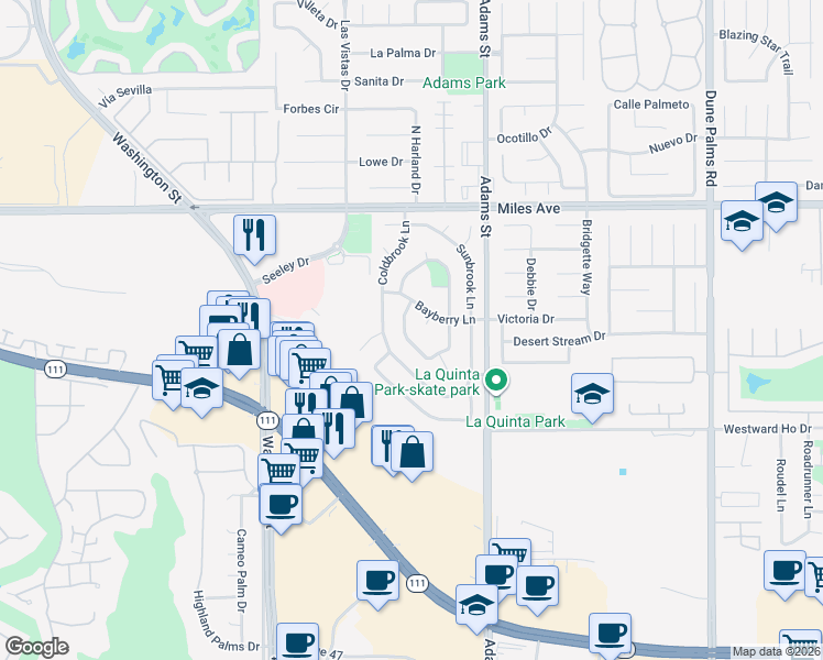 map of restaurants, bars, coffee shops, grocery stores, and more near 45420 Deerbrook Circle in La Quinta