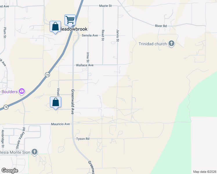 map of restaurants, bars, coffee shops, grocery stores, and more near Garfield Road in Meadowbrook