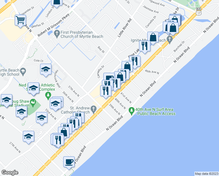 map of restaurants, bars, coffee shops, grocery stores, and more near 4025 North Kings Highway in Myrtle Beach