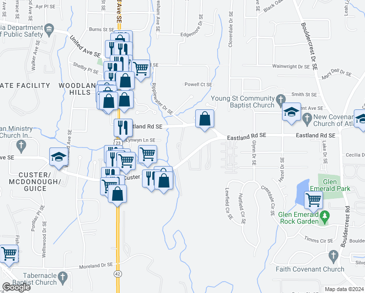map of restaurants, bars, coffee shops, grocery stores, and more near 1284 Jandras Circle Southeast in Atlanta