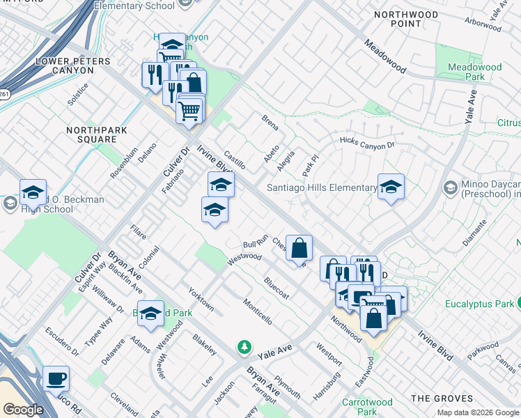 map of restaurants, bars, coffee shops, grocery stores, and more near 10 Prescott in Irvine