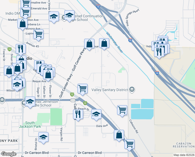 map of restaurants, bars, coffee shops, grocery stores, and more near 45585 Commerce Street in Indio