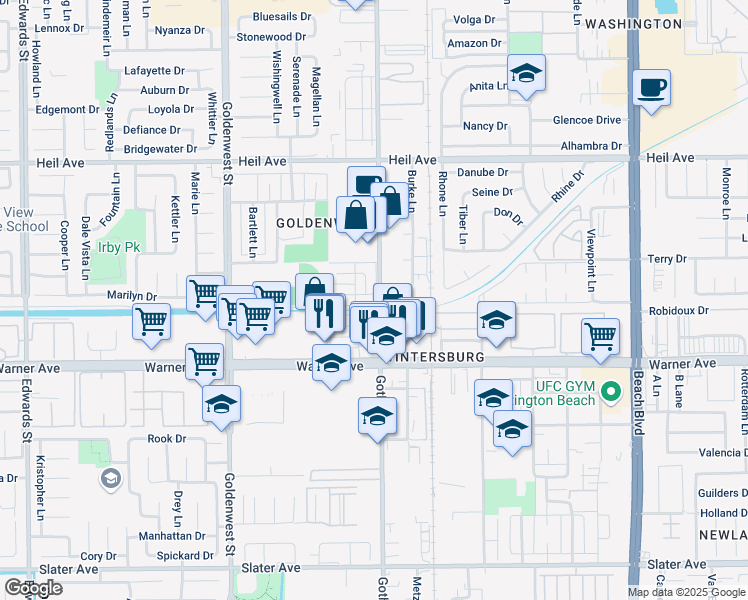 map of restaurants, bars, coffee shops, grocery stores, and more near 7340 Corsican Drive in Huntington Beach