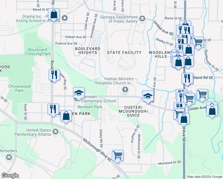 map of restaurants, bars, coffee shops, grocery stores, and more near 884 Sloan Circle Southeast in Atlanta
