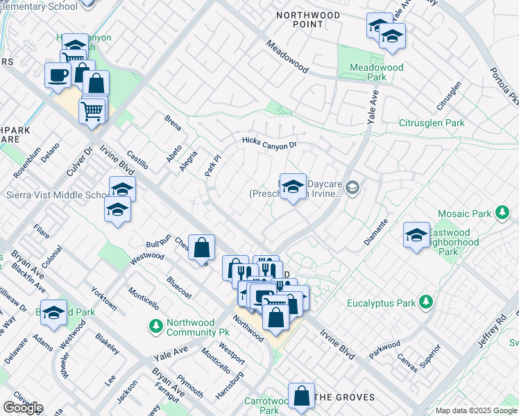 map of restaurants, bars, coffee shops, grocery stores, and more near 19 Alameda in Irvine